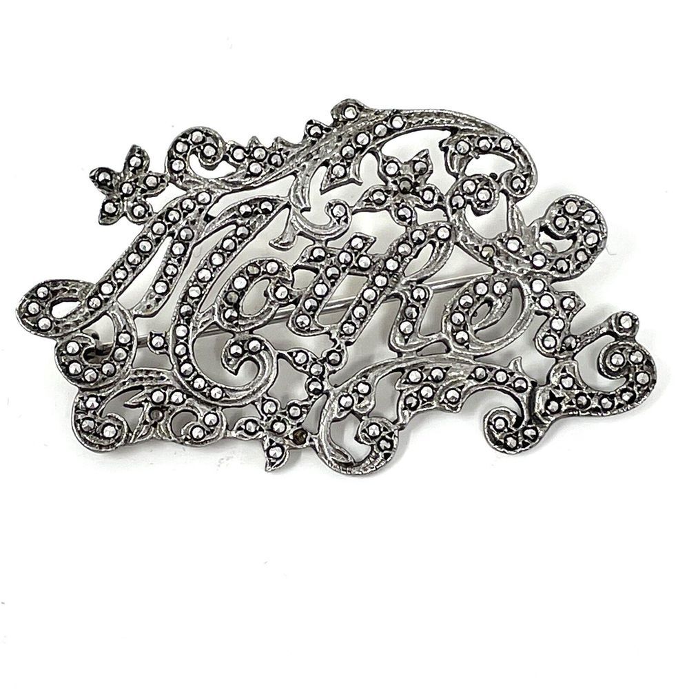 Vintage Marcasite Mother Sterling Silver Pin Brooch 2.25" x 1.25"